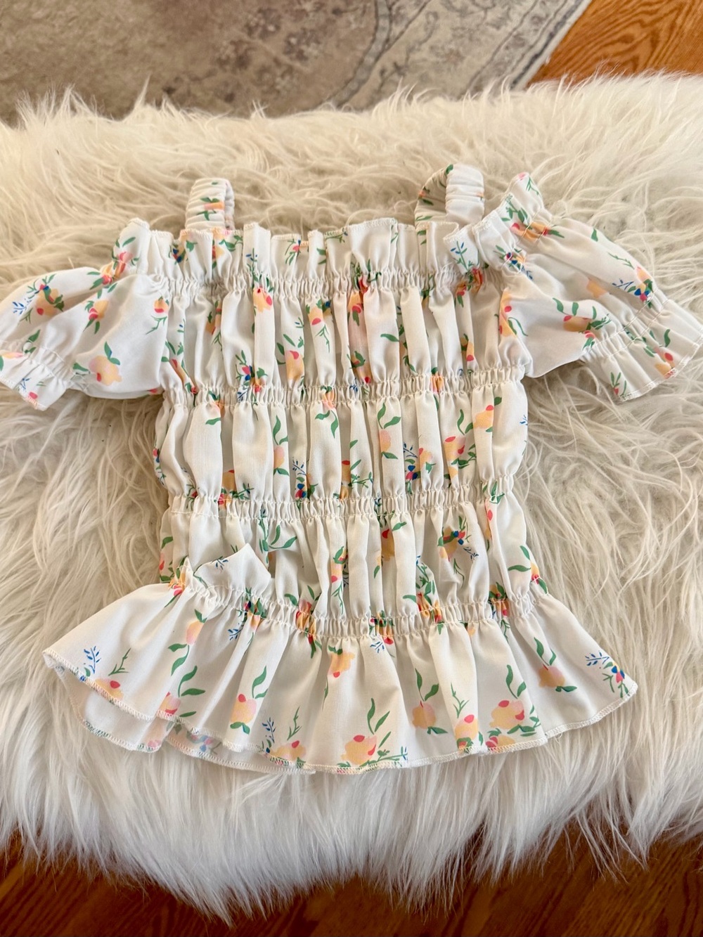 White Floral Off-Shoulder Smocked Peplum Top